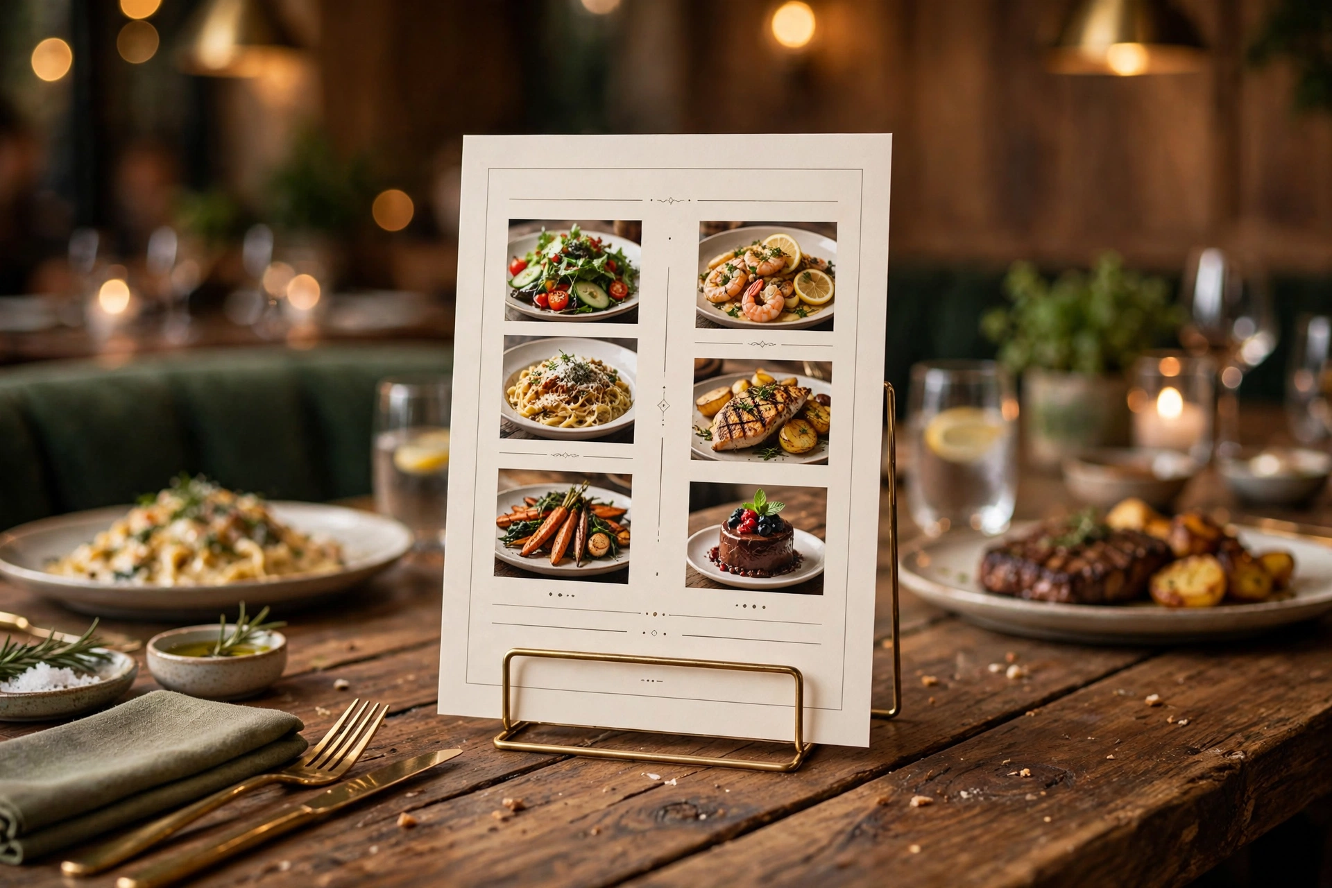Printed restaurant menu card standing on a table